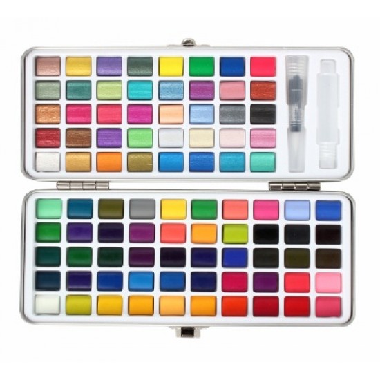 Watercolor Set of 90 colors Solid Pigment Paints 50 Basic Colors 36 Shimmer/Metallic Colors 4 Neon Colors 1 x Water Brush 1x Portable Aluminum Case